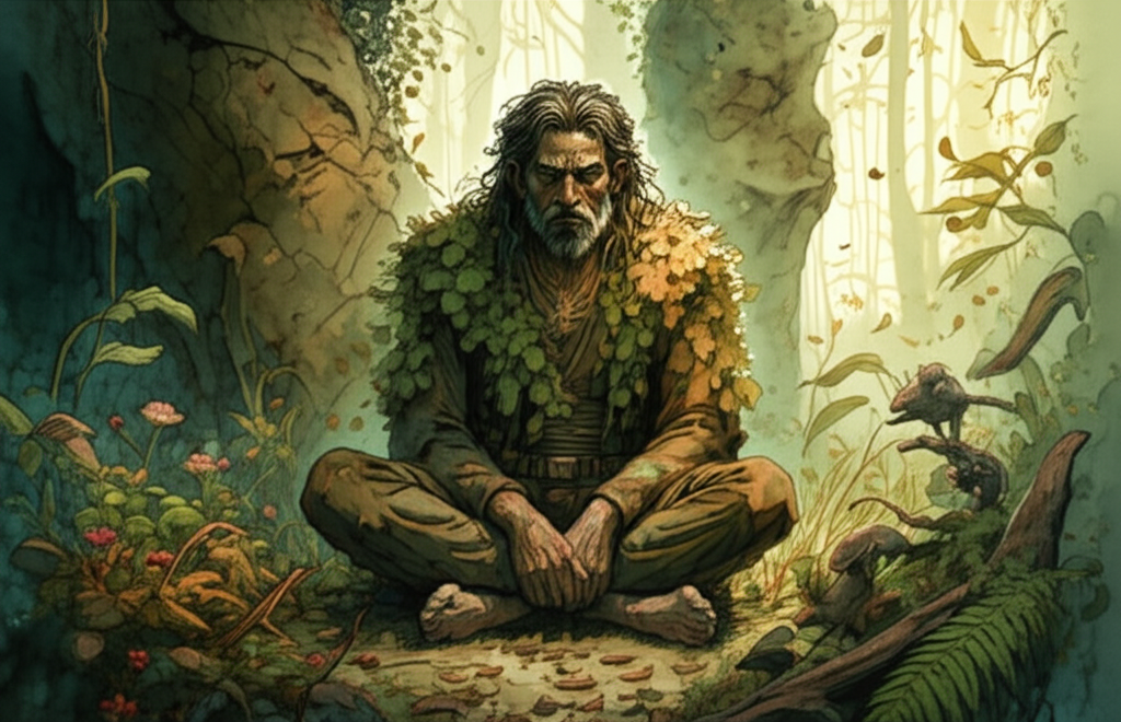 Watercolor illustration: Desolate scene. King Burtal sits motionless in a jungle overgrown with tall, swaying grass that obscures much of his body. The light is dim and filtered, creating an atmosphere of isolation. He has a determined expression on his face, his jaw set firmly. He is covered in leaves and dirt, his clothes torn and ragged. Small forest creatures (monkeys, squirrels, birds) peer out cautiously from the undergrowth, observing him with curiosity. The ground is damp and muddy, with decaying leaves scattered around. Focus on the king’s inner resolve despite his external degradation. Artistic style: soft watercolor with gentle blending and natural flow, using muted greens and browns to create a sense of decay and abandonment.