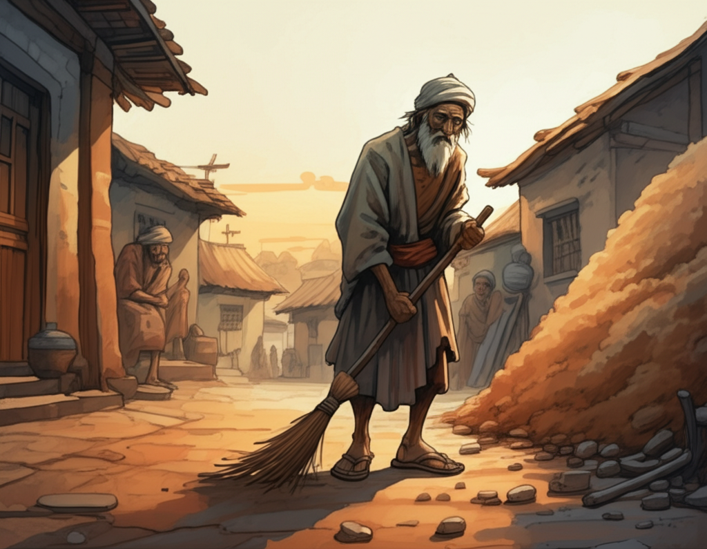 Watercolor illustration: Exhausting scene. King Burtal, looking weary and unkempt after many years of penance, his face etched with wrinkles and his hair disheveled, sweeps a village street with a worn broom made of twigs. The dust and dirt form a massive, overwhelming pile that towers over him and the simple, clay-roofed houses. The sun is setting, casting long shadows across the street. The villagers watch him from their doorways, their faces a mixture of pity and respect. Focus on the overwhelming task and the king’s unwavering commitment. Artistic style: soft watercolor with gentle blending and natural flow, using a dusty color palette of browns, grays, and muted oranges.