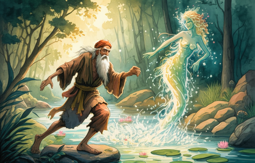 Watercolor illustration: Whimsical scene. King Burtal, now an old man with a long, flowing white beard and simple, patched robes, chases the water fairy Gangá near a shimmering river. Gangá is depicted as a luminous, shimmering figure, her form fluid and ethereal. She looks playful and taunting, her laughter echoing through the air. The river is clear and sparkling, reflecting the surrounding trees. Water lilies float on the surface. The light is soft and golden, creating a magical atmosphere. Focus on the playful chase and the contrast between the old man and the ethereal fairy. Artistic style: soft watercolor with gentle blending and natural flow, using iridescent blues and greens for Gangá and soft, earthy tones for Burtal.