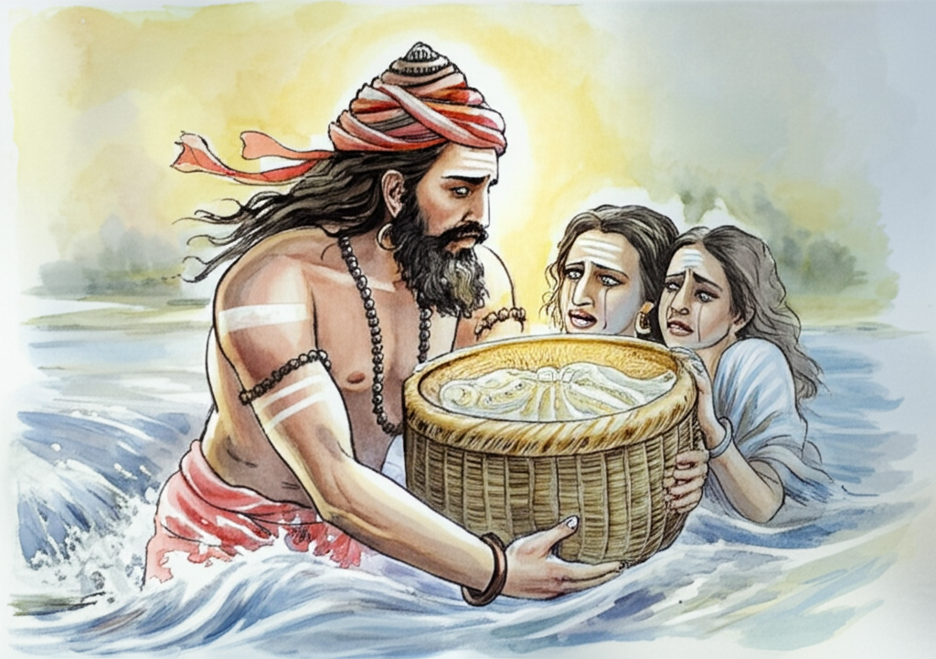 Watercolor illustration: Tense scene. Mahádeo, with long, matted hair wrapped around his head like a turban, his eyes filled with compassion, carefully carries a round bamboo box containing the trapped water fairy Gangá. Light emanates subtly from the box. King Burtal stands beside him, looking scared and remorseful, his hands clasped in supplication. The river fairy Jamná, depicted as a twin of Gangá but with a slightly darker color palette, pleads for her sister’s return, tears streaming down her face. The river flows swiftly in the background, reflecting the turbulent emotions of the scene. Focus on the power of Mahádeo and the consequences of Burtal’s actions. Artistic style: soft watercolor with gentle blending and natural flow, emphasizing the texture of the bamboo box and the flowing water.