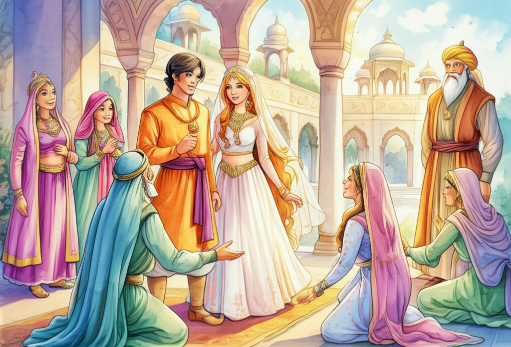 Watercolor illustration: Joyful scene. Prince Sazádá, now a handsome young man with rosy cheeks and a confident smile, stands proudly beside his fairy bride Jahúr Rání, who has radiant red-gold hair that cascades down her shoulders. They are presented to King Burtal and his queens in the royal courtyard. The queens, dressed in less opulent attire than before but still regal, and King Burtal kneel in awe before them, rendered speechless by their beauty. Sunlight streams through the arched windows, illuminating the happy couple. The courtyard is decorated with flowers and banners. Focus on the radiance of the couple and the reconciliation of the kingdom. Artistic style: soft watercolor with gentle blending and natural flow, using vibrant colors for the couple and softer tones for the kneeling figures.