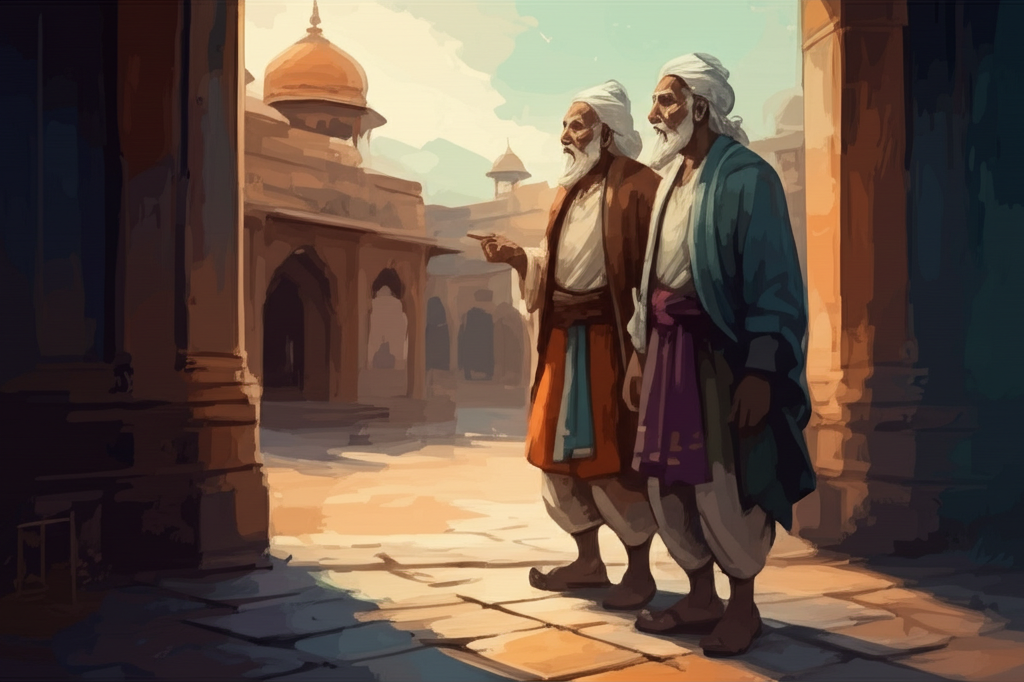 Watercolor illustration: Reflective scene. Goraknáth and King Burtal stand together, both old and wise, their faces etched with the wisdom of experience, in the royal courtyard. The courtyard is bathed in the warm light of the late afternoon sun. The wise man points to the sky with a weathered hand as he gives King Burtal advice on how to rule his kingdom with compassion and justice. King Burtal listens intently, his gaze following Goraknáth’s gesture. The stones of the courtyard are worn smooth with age. Focus on the passing down of wisdom and the importance of good governance. Artistic style: soft watercolor with gentle blending and natural flow, using warm, earthy tones to create a sense of peace and stability.