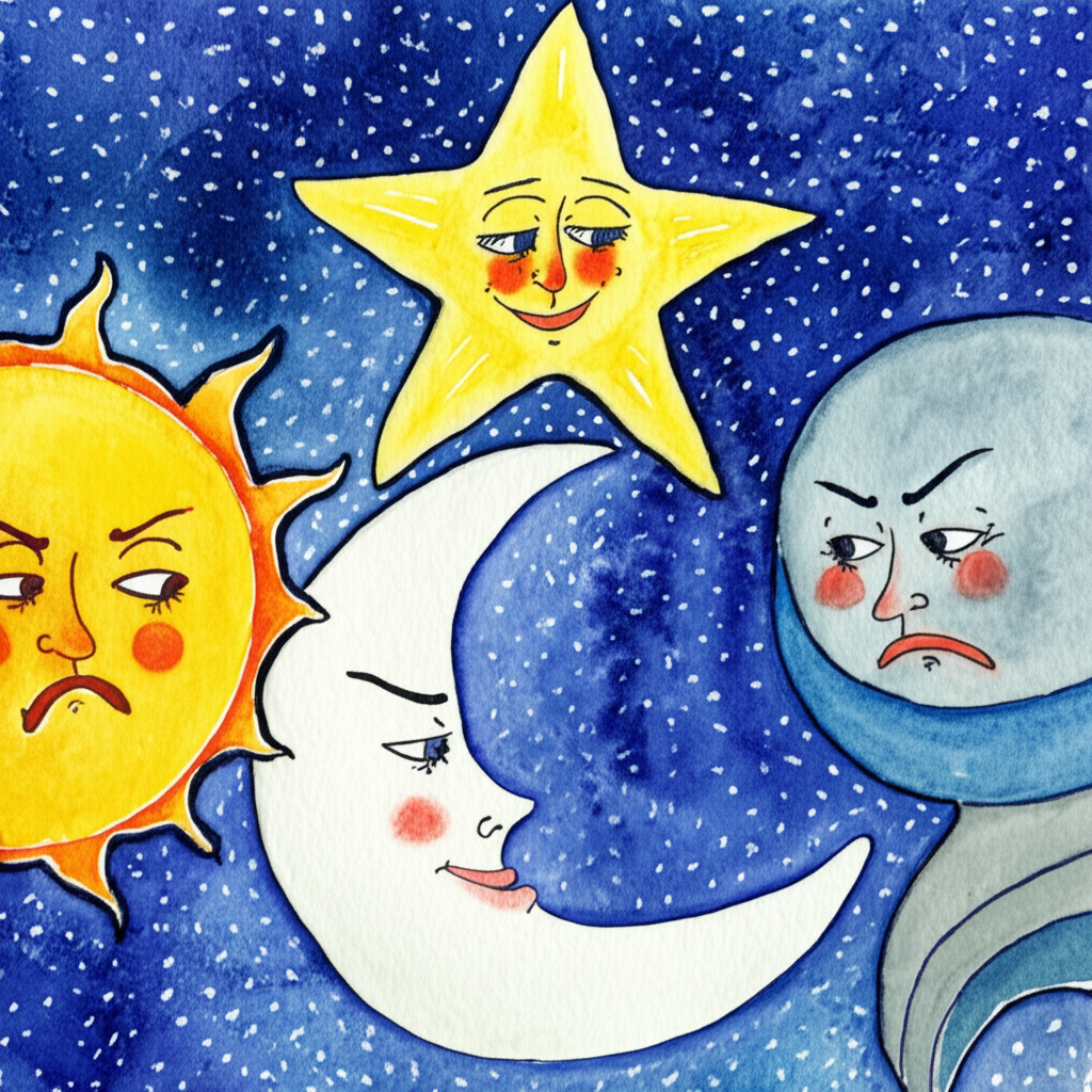 A watercolor scene with Star in the top center, looking lovingly at Moon in the foreground. Moon is a white crescent shape. Sun is on the left, colored yellow and orange, looking displeased. Wind is on the right, swirling in blues and greys, also looking annoyed. Star should be the largest, and the background has many stars.