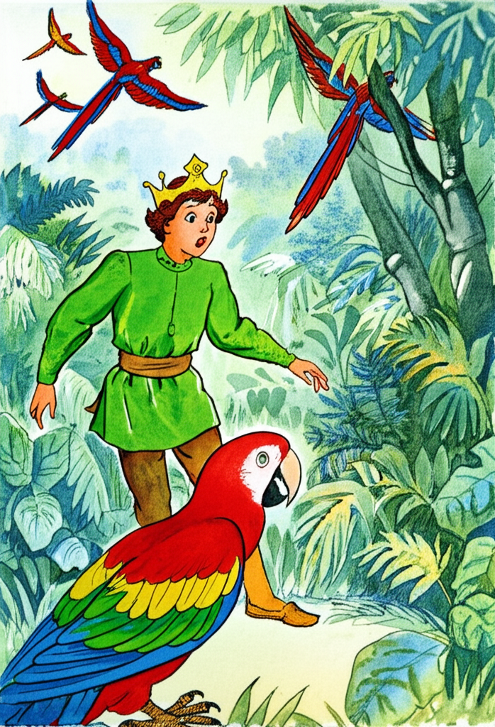 Watercolor illustration: A young prince, fair skin, wearing a green tunic, brown pants, and a gold crown, standing in a lush jungle, looking surprised. In front of him, a brightly colored parrot (Hiraman), predominantly red, green, and blue, squawks angrily. Other parrots of similar colors are flying away in the background. The jungle is dense and filled with various shades of green foliage. The overall mood is one of surprise and wonder.’, ‘details’: ‘Watercolor, no text, parrots are clearly visible and colorful, prince is recognizable and consistent with descriptions