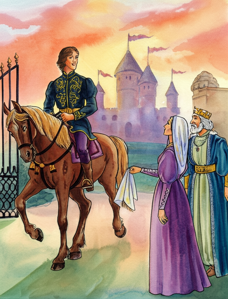 Watercolor illustration: The same prince, now dressed in fancy clothes with gold embroidery, riding a strong, beautiful brown horse. He is saying goodbye to his parents: the king, wearing a blue robe and a gold crown, and the queen, with fair skin, wearing a purple dress and gold jewelry. The queen is handing him a white handkerchief. All stand before the gates of a grand castle with turrets. The sky is a warm sunset color, blending oranges and pinks.