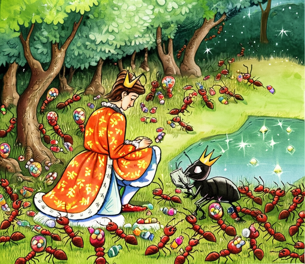 {‘prompt’: ‘Watercolor illustration: The prince, wearing the same fancy clothes, kneeling before the Ant-King. The Ant-King is depicted as a regal ant figure with a tiny crown, standing on his hind legs. Around them are numerous ants of various sizes, carrying tiny candies. They are in a grassy field next to a sparkling pond under shady trees. The scene should convey gratitude and small scale cuteness.’, ‘details’: ‘Watercolor, no text, clear representation of the Ant-King and ants, the prince remains recognizable, candies are small and visible’}