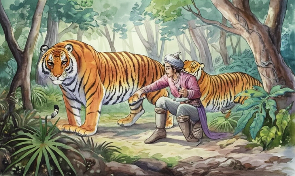 Watercolor illustration: The same prince carefully extracting a thorn from the paw of a large tiger. The tiger’s wife, another tiger, looks on with concern. The setting is a jungle, with dense foliage and dappled sunlight. The prince is wearing same outfit, holding a small knife and his facial expression displays concern for the suffering tiger. The tigers should appear majestic but with visible distress in their expressions. Focus on the interaction and expressions.", ‘details’: “Watercolor, no text, clear depiction of the thorn removal and tiger’s emotions, prince is consistent, jungle setting remains present