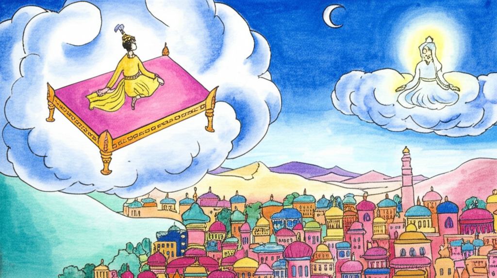 Watercolor illustration: The prince is on the magic bed, which is a small, ornate bed floating in the sky. He is surrounded by clouds. Below him is a landscape of Princess Labam’s kingdom, with colorful buildings and rolling hills. The kingdom is lit by Princess Labam, who is sitting on a tall palace. The overall impression must be magical and dreamlike.”, ‘details’: ‘Watercolor, no text, clear distinction between the prince and the kingdom, Princess Labam is glowing and recognizable. The bed must appear magical