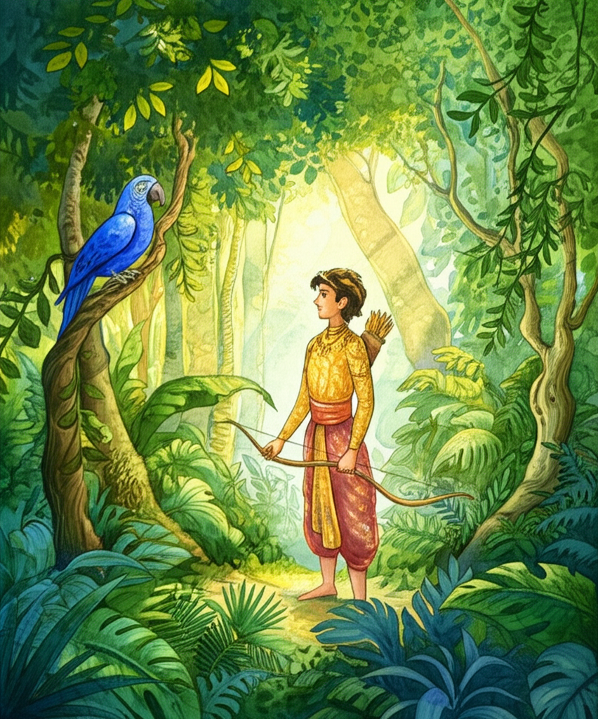 A luminous watercolor illustration of a young prince in ornate clothing shimmering with gold thread, bow in hand, standing in a lush, sun-drenched jungle filled with vibrantly colored parrots. Sunlight filters through the dense canopy, creating dappled shadows on the jungle floor. One parrot, slightly larger and more regal, with iridescent blue and green plumage, is perched prominently on a twisted branch, looking directly at the prince with intelligent, observant eyes. The prince’s expression is one of youthful determination, his stance confident. The air hangs heavy with humidity. Ferns and exotic flowers crowd the jungle floor. Watercolor style: Soft blending, natural flow, vibrant greens, blues, and yellows, and subtle touches of gold leaf for highlights.
