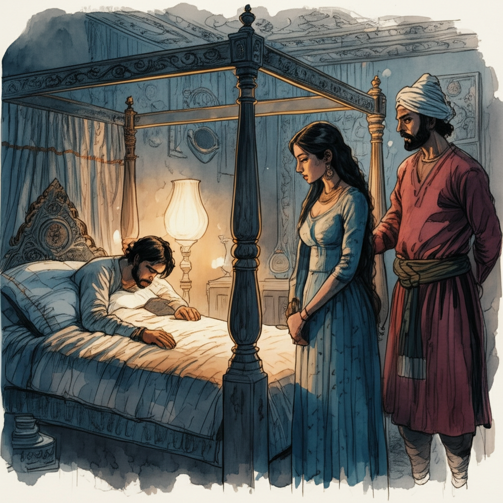 A somber watercolor illustration depicting the prince lying despondently face down in his pillow in a lavish bedroom at twilight. The room is lit by the dim glow of oil lamps, casting long, mournful shadows. His parents, the Raja and Queen, stand beside the ornate four-poster bed, their faces etched with worry and concern. The Raja’s hand rests gently on the Queen’s shoulder. The textures are rich: silk bedsheets, a heavy velvet curtain partially drawn, and a intricately carved wooden headboard. The air is thick with the scent of incense. The watercolor palette leans toward muted blues, purples, and greys to convey sadness. The Raja is in dark reds, the Queen in muted blues to further the contrast of worry and comfort. Watercolor style: Loose washes, emphasis on texture, and subtle gradients of color.