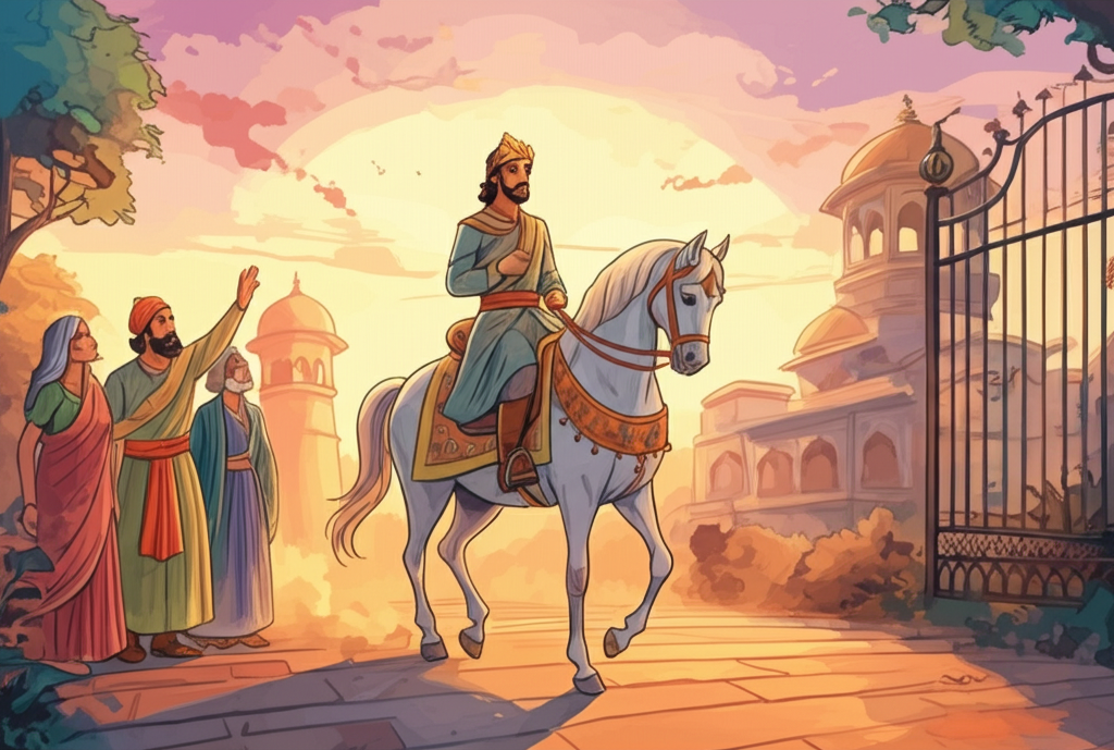 A nostalgic watercolor illustration of the prince on horseback, leaving a grand palace bathed in the golden light of sunrise. His parents stand at the palace gates waving goodbye, with tears welling in their eyes, their faces a mixture of pride and sorrow. The horse is a majestic white steed, adorned with a beautiful cloth embroidered with intricate patterns and jewels. Dust kicks up beneath the horse’s hooves. The palace is rendered with intricate detail, showcasing its towering architecture and ornate decorations. The sky is a wash of soft pinks and oranges. The prince’s face is a mix of sadness and determination. Watercolor style: Warm color palette, emphasis on details, and a sense of movement.