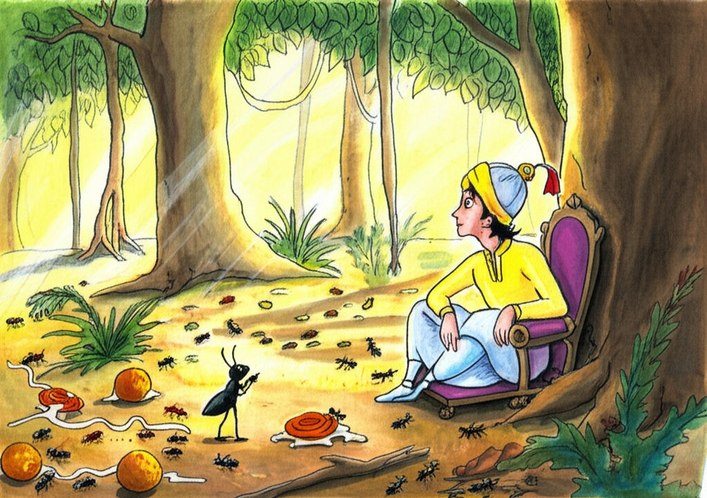 A whimsical watercolor illustration of the prince sitting under a large, shady banyan tree in a jungle at midday. Sunlight streams through gaps in the foliage, illuminating patches of the ground. Ants swarm around several discarded, partially eaten sweets – jalebi and laddu – leaving sticky trails. The Ant-King, depicted as a regal ant with a tiny crown and a miniature throne made of a leaf, stands before the prince, his antennae twitching authoritatively. The prince looks up at the Ant-King with a mixture of amusement and respect. The ground is littered with fallen leaves and twigs. Watercolor style: Playful colors, detailed character design, and a focus on creating a sense of wonder.
