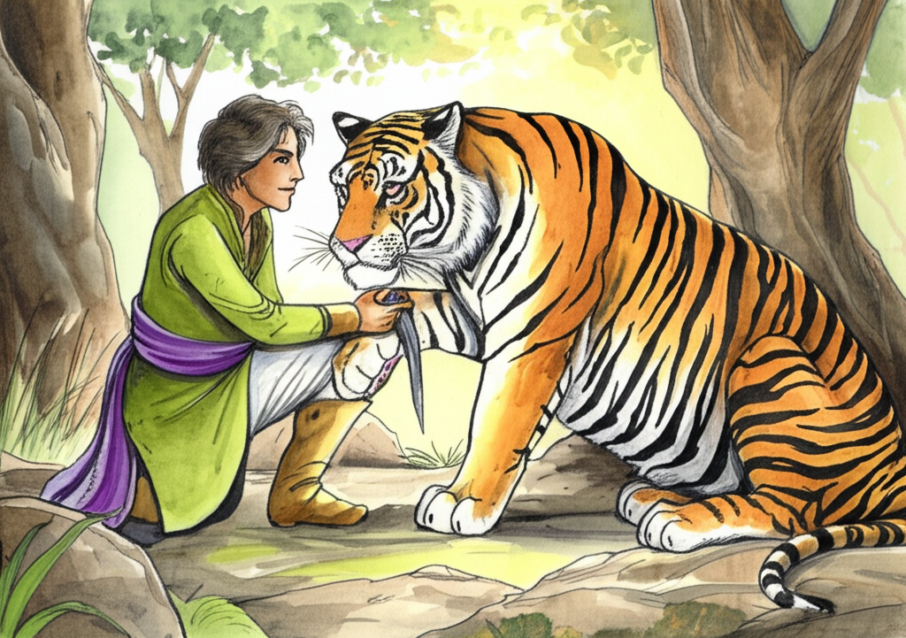 A tender watercolor illustration of the prince kneeling beside a large Bengal tiger in a sun-dappled clearing. He is carefully removing a large thorn from the tiger’s paw. The tiger is wincing slightly, its brow furrowed in discomfort, but otherwise appears calm and trusting. The prince’s expression is gentle and focused. The tiger’s fur is realistically rendered with subtle variations in color and texture. The forest floor is covered in soft moss and fallen leaves. Sunlight filters through the trees, creating a peaceful and serene atmosphere. Watercolor style: Realistic rendering of animals, emphasis on detail and emotion, and a harmonious color palette of greens, browns, and oranges.