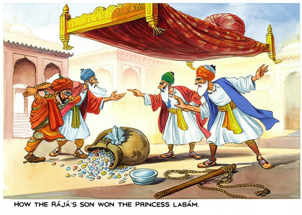 A chaotic watercolor illustration of four wise men gathered around a flying bed in a dusty, sunlit courtyard. The bed is intricately carved and adorned with colorful cushions. A bag overflows with shimmering jewels, a bowl filled with crystal-clear water reflects the sky, and a stick with a rope lies tangled on the ground. They are arguing and gesturing wildly at each other, their faces flushed with frustration and disagreement. One man points aggressively, another scratches his head in confusion, a third wrings his hands nervously, and the fourth stares blankly ahead. Watercolor style: Energetic brushstrokes, vibrant colors, and a dynamic composition to convey the sense of commotion. Highlights of gold leaf add to the precious feel of the scene.