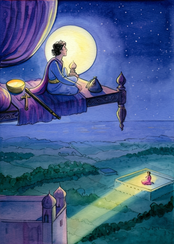 A magical watercolor illustration of the prince sitting on a flying bed high in the velvety night sky, illuminated by the soft glow of the moon and distant stars. Below, the land is a tapestry of dark greens and browns, punctuated by the radiant glow of Princess Labam sitting on the rooftop of a distant palace. The light emanating from her is warm and inviting, a beacon in the darkness. The bag, bowl, stick, and rope are neatly arranged next to him on the bed. The prince’s face is filled with awe and anticipation. Watercolor style: Deep blues and purples, subtle gradients of color to create depth, and a sense of wonder.