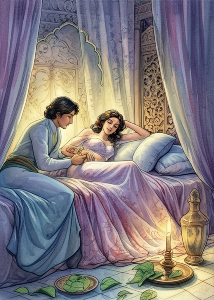 A romantic watercolor illustration of the princess, in a beautiful dress of shimmering silk and adorned with exquisite jewelry, asleep peacefully in her opulent bedroom. The prince is quietly placing a delicate golden ring on her finger, his face gentle and focused, his hand barely touching hers. Soft candlelight casts flickering shadows on the walls. Betel leaves are scattered near her bed, their fragrance filling the air. The room is filled with luxurious details: silk curtains, a carved wooden screen, and a vase filled with fragrant flowers. The princess has an expression of profound peace and serenity. Watercolor style: Soft, romantic color palette, emphasis on details, and a focus on creating a sense of intimacy.