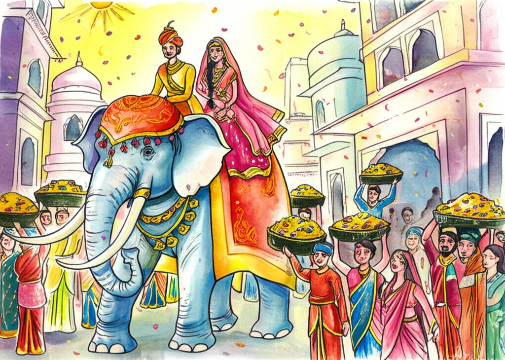 A joyous watercolor illustration of the prince and princess, beautifully dressed in elaborate wedding attire of rich reds and golds, riding on an elaborately decorated elephant through a cheering crowd. The elephant is adorned with colorful cloths, bells, and flowers. Servants follow, carrying chests overflowing with gold and jewels, their faces beaming with happiness. The crowd is a sea of smiling faces, their hands waving in celebration. Confetti rains down from the rooftops. The buildings are decorated with colorful banners and streamers. The sun shines brightly, illuminating the festive scene. Watercolor style: Bright and cheerful color palette, dynamic composition, and a focus on capturing the energy and excitement of the wedding procession.