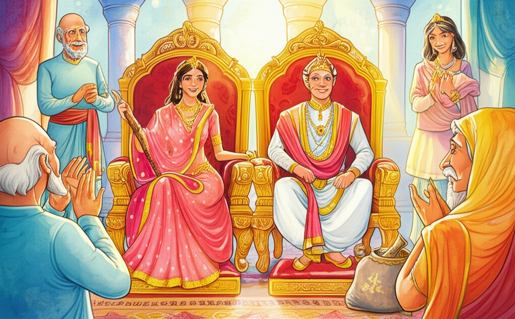 A heartwarming watercolor illustration of the prince and princess, now older and wiser, sitting on ornate thrones in a grand hall filled with sunlight. They are surrounded by their happy parents, the Raja and Queen, and their loyal subjects, who are smiling and cheering. The bag, bowl, bed, and stick are displayed prominently on pedestals as symbols of their good fortune and the extraordinary events that brought them together. The hall is decorated with tapestries and banners, showcasing the prosperity and happiness of the kingdom. The princess and prince have expressions of contentment and gratitude. Watercolor style: Warm and inviting color palette, detailed character design, and a sense of peace and harmony.