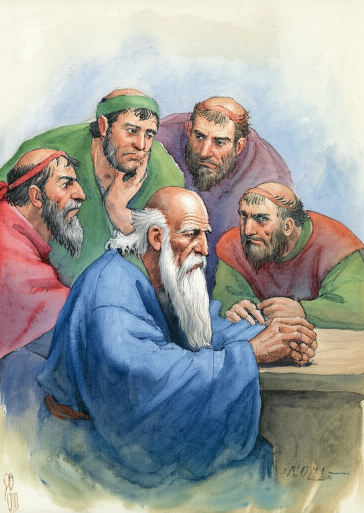 Watercolor illustration of an elderly man with a long white beard, wearing a faded blue robe, sitting at a table surrounded by four younger men, his sons, dressed in similar robes but in shades of green, brown, red, and yellow. The sons are looking at him with disdainful expressions. The table is mostly bare. Soft, diffused lighting, watercolor paper texture visible.