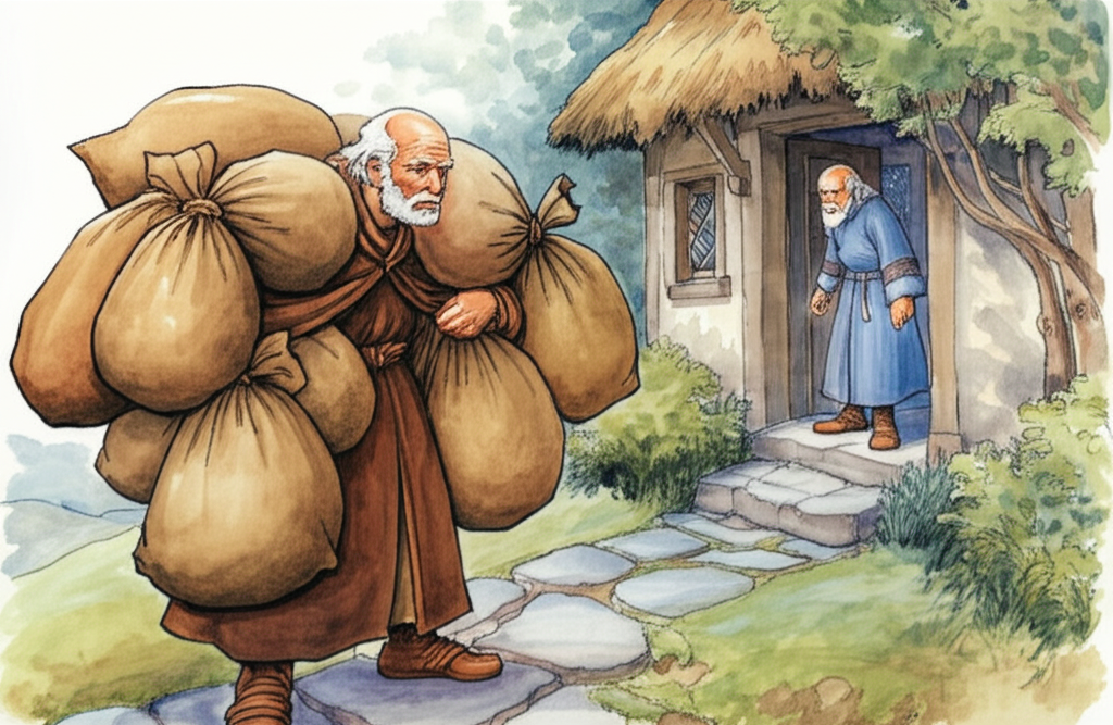 Watercolor illustration of the friend in brown cloaks carrying four large burlap sacks tied at the top (symbolizing the ’treasure’ bag) toward the elderly man’s cottage. The elderly man (blue robe) is waiting at the door, looking hopeful. A stone path leads to the cottage. Natural, earthy tones, subtle watercolor washes.