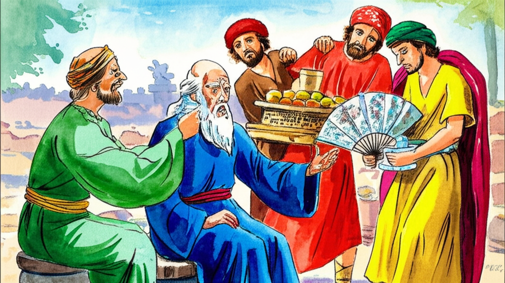 Watercolor illustration of the four sons (green, brown, red, yellow robes) attending to their father (blue robe, white beard). They are bringing him food and water, helping him walk, and fanning him. The old man is looking at them with a knowing, slightly amused expression. Bright, contrasting colors, dynamic watercolor brushstrokes.