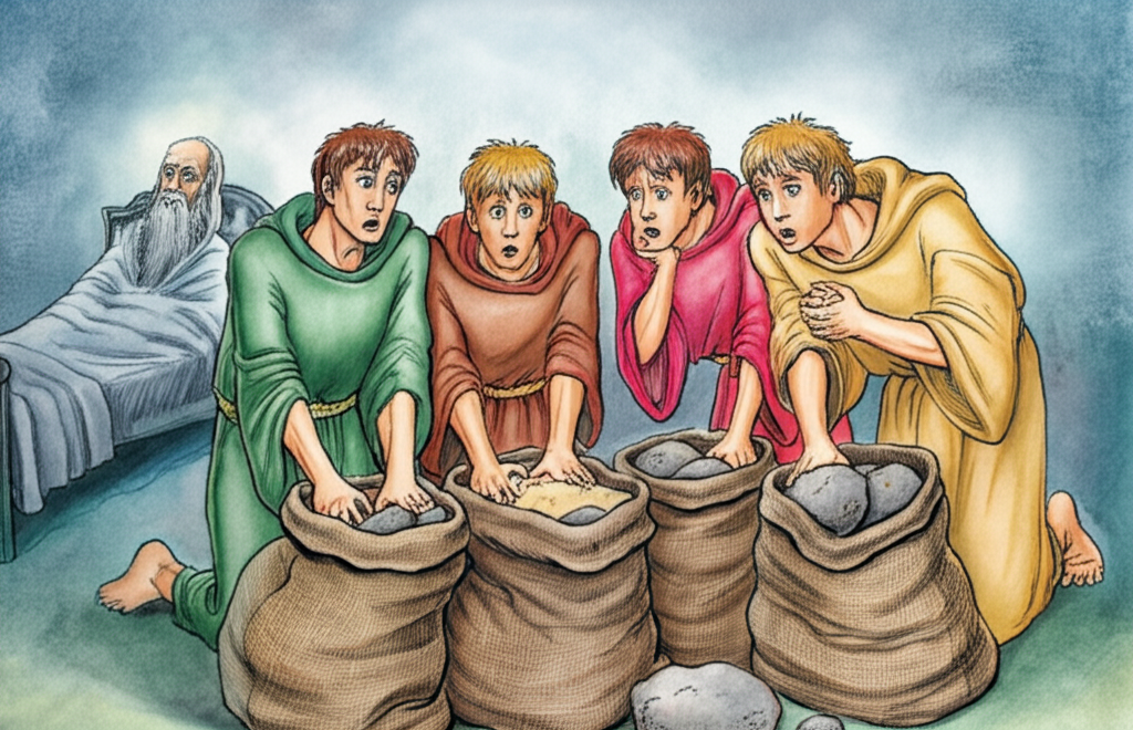 Watercolor illustration of the four sons (green, brown, red, yellow robes) gathered around four open burlap sacks, looking shocked and disappointed. The sacks are spilling out rocks and sand. The elderly man’s bed (now empty) is in the background. A somber, desaturated color scheme, detailed watercolor rendering of the rocks and sand.