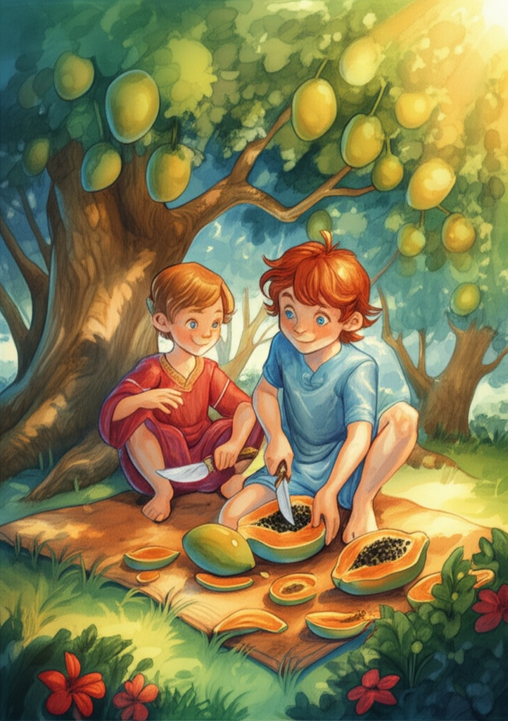 Watercolor illustration of King Dantal’s lush, sun-drenched garden at midday. Prince Majnun, a fair-skinned boy with bright red hair, rosy lips, and sparkly blue eyes, and his friend Husain Mahamat, are gleefully slicing mangoes and papayas with toy knives beneath a sprawling, ancient mango tree whose gnarled branches cast dappled shadows. Colorful flowers like hibiscus, bougainvillea, and jasmine bloom riotously around them, their vibrant hues popping against the emerald green grass. Sun filters through the leaves, creating pools of light and illuminating dust motes dancing in the air. The air is thick with the sweet scent of blossoms and ripe fruit. Details: A worn, woven mat beneath the tree, scattered fruit rinds, the boys’ bare feet digging into the cool earth, the intricate patterns on the toy knives, the sweat beading on their foreheads. Warm, inviting color palette. Soft, natural watercolor blending.
