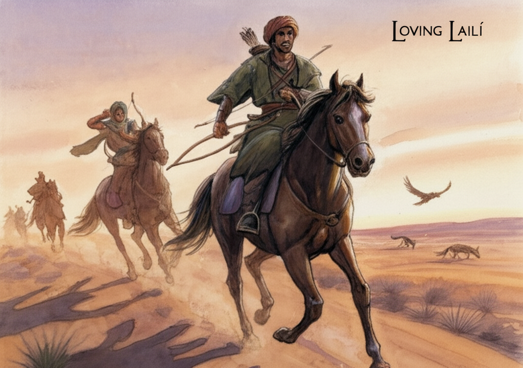 Watercolor illustration depicting Prince Majnun and Husain Mahamat riding sturdy, brown horses through a sparse, arid landscape on their hunting trip to Phalana at dawn. The sky is painted in hues of dusty rose and pale orange. They are dressed in practical hunting attire of muted greens and browns, leather jerkins, and turbans, carrying polished wooden bows and feathered arrows. A few scrawny jackals and soaring vultures are visible in the distance, silhouetted against the rising sun. The parched earth is cracked and dry, with sparse vegetation. Details: Dust swirling around the horses’ hooves, the boys’ determined expressions, the wind whipping through their hair, the glint of sunlight on the arrowheads. A sense of vastness and vulnerability. A muted, earthy color palette with pops of dawn colors. Natural watercolor flow conveying the dry heat.