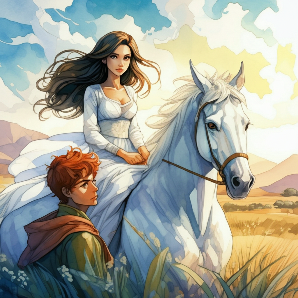 Watercolor illustration of Laili, a beautiful princess with warm brown eyes and shiny black hair cascading down her back, riding her spirited white horse bareback through the open fields of Phalana. The sun is high in the sky, casting long shadows. She calls out, ‘Majnun, Majnun! I want Majnun!’ her voice echoing across the landscape. Prince Majnun, with a surprised and slightly startled expression, turns his head towards her, his bright red hair catching the sunlight. Husain Mahamat is beside him, looking curious and perhaps a little protective. Details: Laili’s flowing white dress, the horse’s muscular build, the swaying grass underfoot, the distant mountains. A sense of longing and anticipation. A vibrant color palette with emphasis on blues, greens, and whites. The watercolor rendering evokes a sense of movement and freedom.