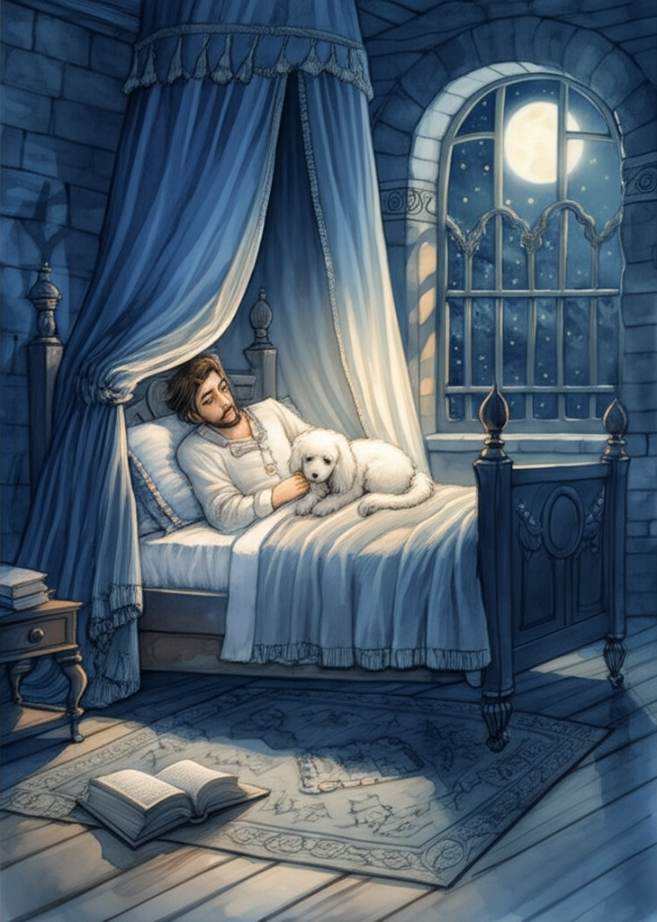Watercolor illustration of Prince Majnun asleep in his canopied bed at night. The bed is adorned with silk sheets and embroidered cushions. A small, fluffy white dog (Laili), with soulful eyes, is curled up contentedly beside him, her head resting on his arm. Moonlight streams in through the tall, arched window, illuminating dust motes dancing in the air and casting long, soft shadows across the wooden floor. Details: A book lying open on the bedside table, a flickering candle casting a warm glow, the intricate carvings on the bed frame, the dog’s gentle breathing, the peaceful expression on Majnun’s face. A sense of tranquility and vulnerability. A soft, cool color palette with blues, silvers, and whites. The watercolor is smooth and delicate, creating a dreamlike quality.