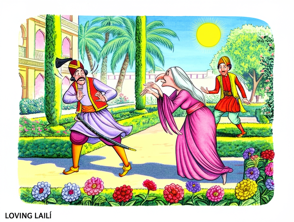 Watercolor illustration of Prince Majnun walking in a manicured garden, recoiling in fear and disgust as he sees an old woman (Laili), with a long, hooked nose and receding gums revealing pointy teeth, approaching him with outstretched hands. The garden is bursting with colorful blooms, but the scene is tense. Husain Mahamat stands behind him, equally startled and wary, his hand instinctively reaching for his sword. The sun is shining brightly, highlighting the contrast between the garden’s beauty and the woman’s horrifying appearance. Details: Majnun’s wide eyes and trembling hands, Husain Mahamat’s protective stance, the woman’s desperate expression, the shadows cast by the approaching figure, the carefully manicured hedges. A sense of shock and revulsion. A vibrant color palette contrasted with the harshness of the old woman’s depiction. The watercolor is used to emphasize the stark contrast between beauty and decay.