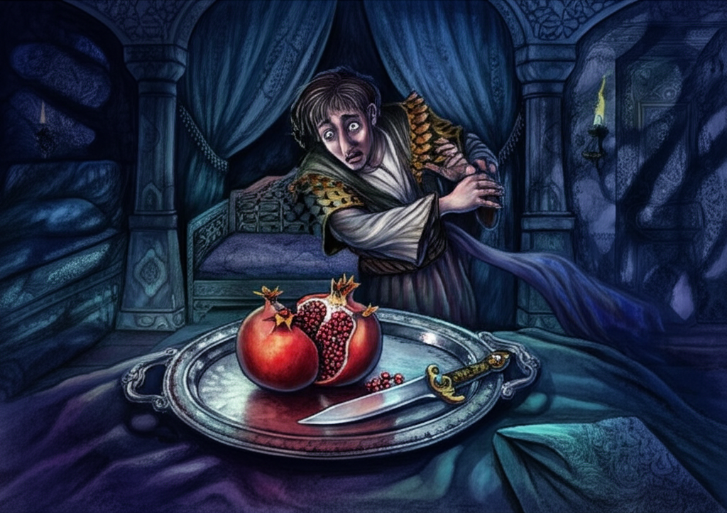 Watercolor illustration of Prince Majnun carefully cutting open a large, vibrant red pomegranate in his opulent room at night. He is shaking with fear, his eyes wide with apprehension. The room is dimly lit by flickering candlelight, casting eerie shadows on the walls and highlighting the ornate details of the furnishings. Details: A silver tray holding a jeweled dagger, the juice dripping from the fruit, the trembling of Majnun’s hands, the shadows dancing on the walls, the flickering candlelight reflecting in his eyes, rich tapestry hanging from the wall. A sense of foreboding and dread. A dark and moody color palette with deep reds, blacks, and golds. The watercolor is used to create a sense of depth and atmosphere.