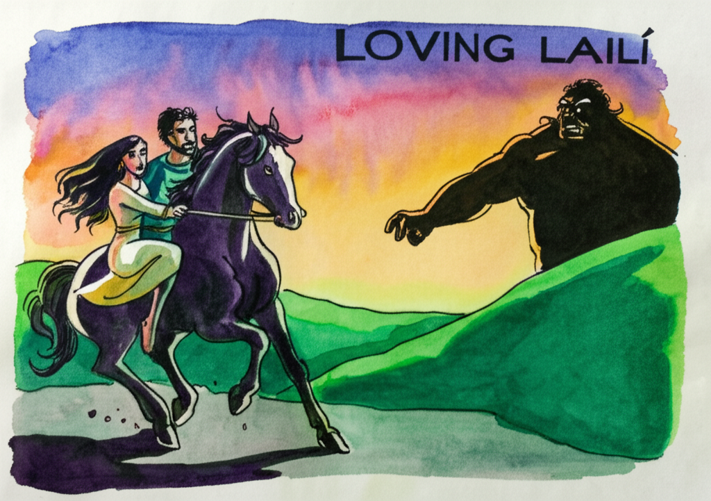 Watercolor illustration of Laili and Prince Majnun riding on a powerful, dark horse through a lush, green landscape at twilight. The sky is painted with dramatic hues of orange, purple, and pink. Chumman Basa, a hulking figure with a sinister look on his face and a cruel smile, approaches them from the shadows, blocking their path. Laili appears worried and is trying to pull Prince Majnun away, her hand gripping his arm tightly. Details: The fear in Laili’s eyes, the determination in Chumman Basa’s gaze, the darkening sky, the horse’s labored breathing, the long shadows stretching across the ground. A sense of impending danger and betrayal. A dramatic color palette with bold contrasts. The watercolor is used to emphasize the tension and drama of the scene.