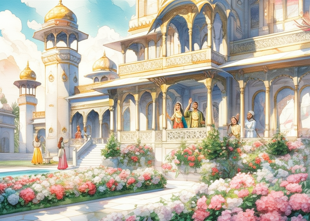 Watercolor illustration of King Dantal’s ornate palace and gardens at midday, bathed in warm sunlight. The palace is a masterpiece of architecture, with intricate carvings and towering minarets. Prince Majnun and Laili, now older and wiser, wave from a flower-bedecked balcony, surrounded by smiling helpers and attendants. The gardens are meticulously manicured, with fountains, sculptures, and a riot of colorful flowers. The illustration should convey a sense of peace, prosperity, and enduring love. Details: Banners fluttering in the breeze, the gleam of gold and jewels, the smiling faces of the onlookers, the intricate details of the palace architecture, the vibrant colors of the flowers. A sense of joy and hope. A bright and cheerful color palette with warm tones and accents of gold. The watercolor is used to create a sense of light and airiness.