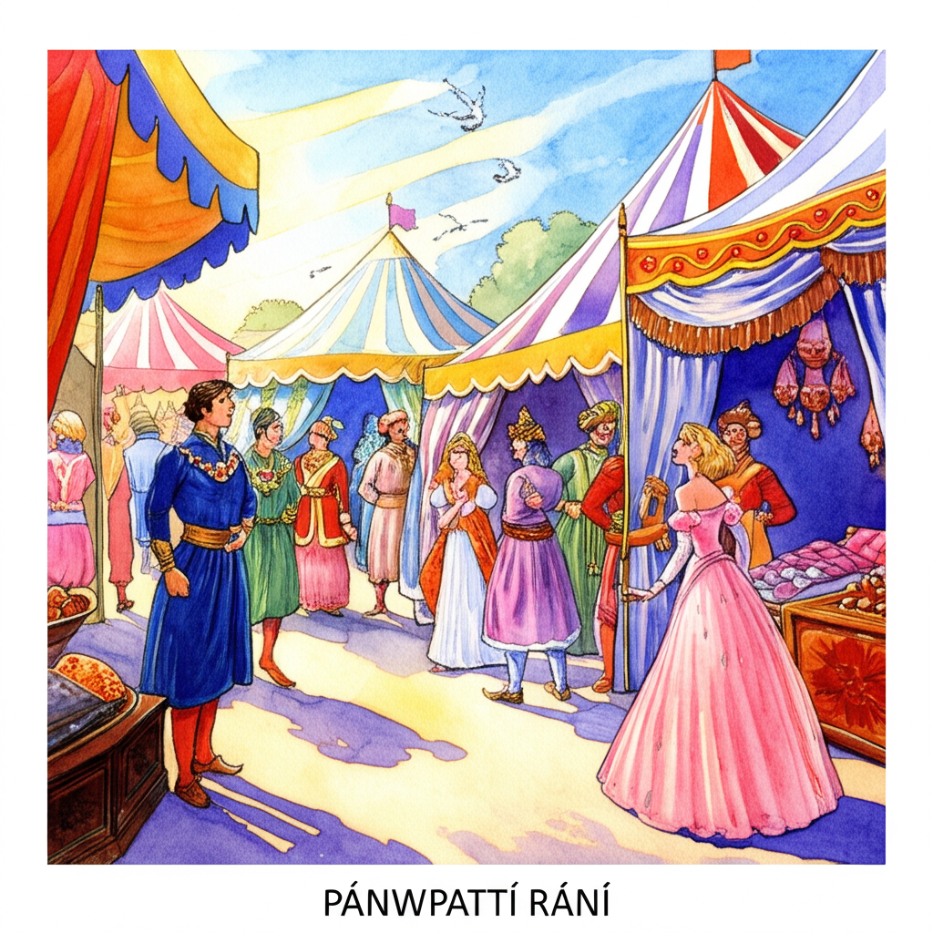 Watercolor illustration of a vibrant fair under a bright, sunny sky. Colorful tents of all shapes and sizes create a lively atmosphere. A handsome prince in regal attire of deep blues and golds, his face etched with longing, looks from his ornately decorated tent at a beautiful princess. She’s dressed in fine clothes of soft pinks and creams, laughter lines crinkling around her eyes as she speaks to someone just out of frame. Kings and Queens in vibrant clothing - ruby reds, emerald greens, sapphire blues - are walking around the fair, their shadows long and dancing on the dusty ground. The watercolor style emphasizes soft blending and natural flow, creating a whimsical and slightly dreamlike feel. Wooden stalls overflow with tempting treats. Sunbeams filter through the tent canvas, dappling the scene with light and shadow.
