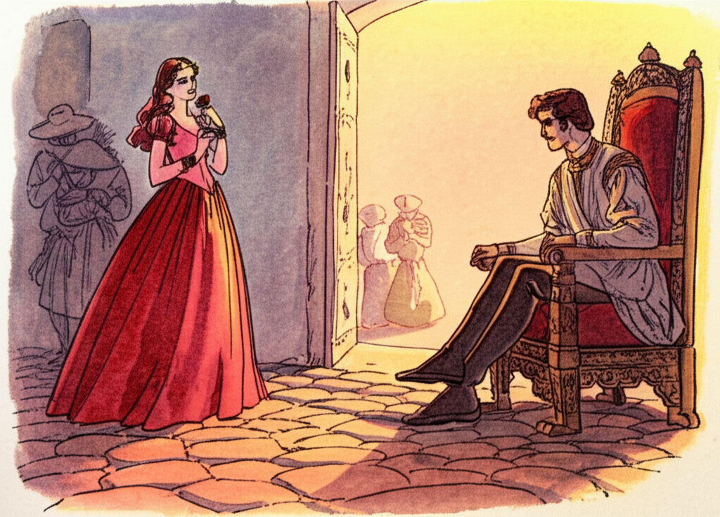 Watercolor illustration of the princess holding a crimson rose, the delicate petals highlighted by the soft afternoon sun. She touches the velvety rose to her teeth, a playful glint in her eyes, then places it behind her ear, a gesture both alluring and innocent. Finally, with a slight sigh, she drops it onto the uneven cobblestone ground, the thorns catching slightly. The prince is watching intently from the shadowy doorway of his tent, his brow furrowed with a mixture of intrigue and concern. Helpers, their faces obscured by the shadows of their hats, are beginning to prepare the princess’s intricately carved wooden chair, polishing the armrests with soft cloths. The color palette is warm and romantic, dominated by reds, pinks, and golds. The watercolor wash gives the image a soft, slightly blurred focus, like a half-remembered dream.