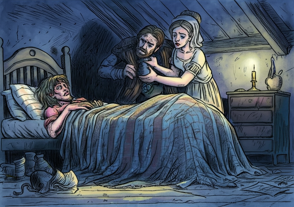 Watercolor illustration of the prince lying in bed, disheveled and unkempt. His normally bright blue eyes are now bloodshot and dull. He is covered by a heavy, roughly woven blanket, partially pulled off the bed. His worried parents stand beside the bed in the dimly lit room, their faces etched with concern. His mother wrings her hands, while his father rests a comforting hand on her shoulder. A single candle flickers on a bedside table, casting long, dancing shadows on the walls. The room is messy, with scattered books, crumpled papers, and an overturned vase on the floor. The watercolor style is looser and more gestural here, emphasizing the emotional turmoil of the scene. The color palette is muted and somber, dominated by grays, browns, and blues, reflecting the prince’s despair. The texture of the wooden floor is visible, scratched and worn from years of use.