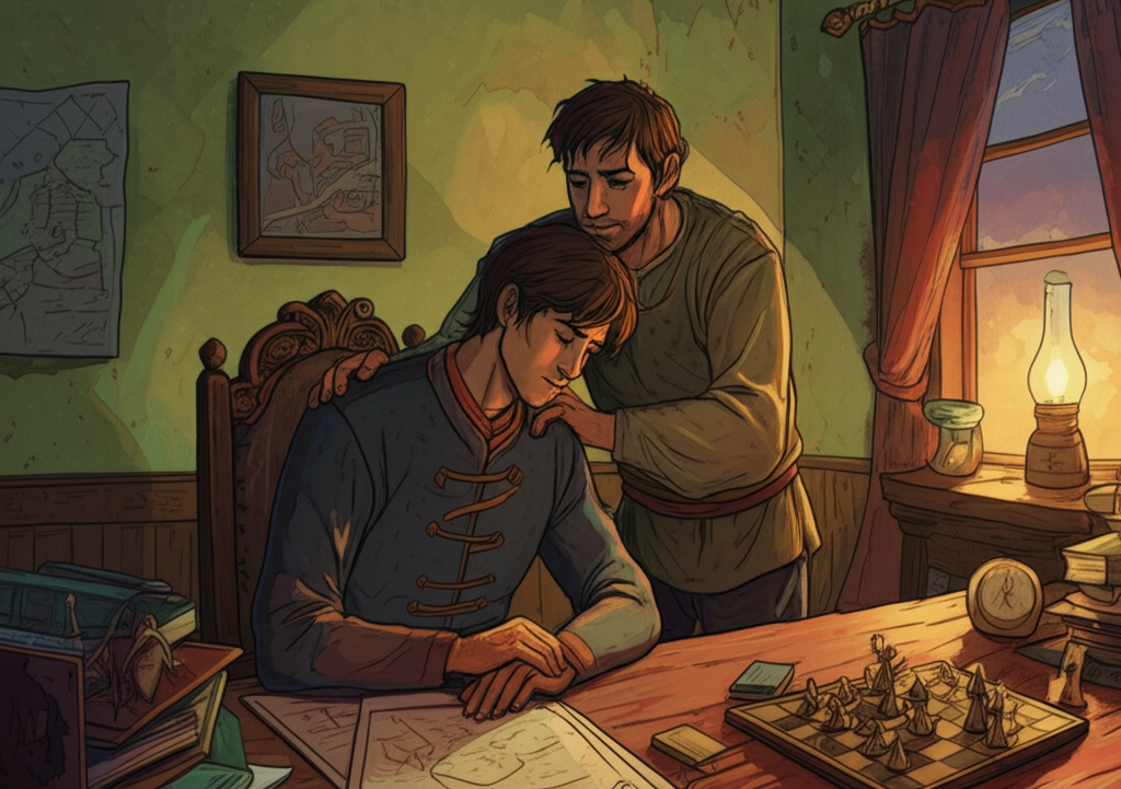 Watercolor illustration of the prince and his best friend, the son of the police chief, sitting in a modestly furnished room. The friend, a sturdy and dependable figure, has his hand on the prince’s shoulder, offering comfort and support. The prince’s head is bowed, his face hidden in shadow. Books and maps are scattered around them on a heavy oak table, bathed in the warm glow of an oil lamp. A half-finished game of chess sits abandoned on a corner table. The walls are painted a faded olive green, and a small window offers a glimpse of the setting sun painting the sky in hues of orange and purple. The watercolor style is warm and inviting, emphasizing the bond between the two friends. The color palette is earthy and reassuring, dominated by browns, greens, and yellows.