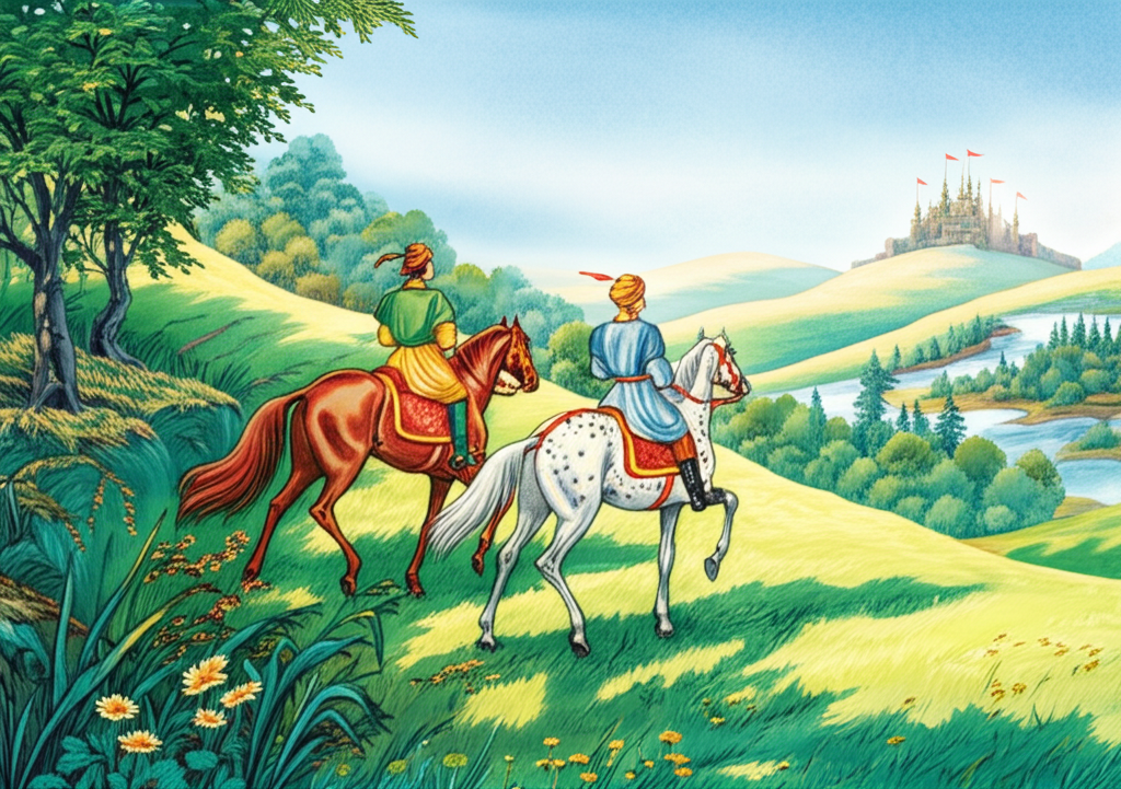 Watercolor illustration of the prince and his friend riding horses through a lush green landscape towards a distant kingdom with tall towers and fluttering flags. The landscape is vibrant, with rolling hills, dense forests, and a sparkling river winding through the valley. The horses are powerful and graceful, their manes flowing in the wind. The prince rides a chestnut stallion, while his friend is atop a dapple gray mare. The distant kingdom is silhouetted against the bright blue sky, its towers reaching towards the clouds. The watercolor style is bold and dynamic, capturing the sense of movement and adventure. The color palette is bright and cheerful, dominated by greens, blues, and golds. Soft light casts long shadows before the horses on the grassy meadow.