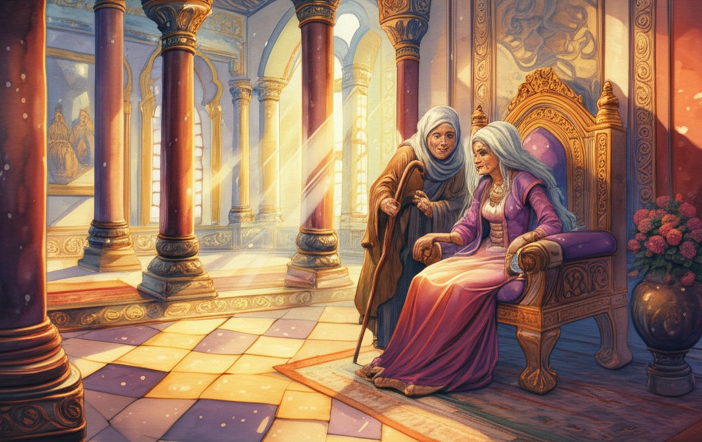 Watercolor illustration of the old woman visiting Princess Foot Leaf in a grand palace. The princess, dressed in elegant robes of deep purple and gold, sits on a throne of intricately carved wood and gilded details, listening to the old woman with a curious expression. The old woman, dressed in simple brown clothes, leans heavily on a gnarled walking stick, her face etched with wrinkles and wisdom. Sunlight streams through tall arched windows, illuminating dust motes dancing in the air. Tapestries depicting historical scenes adorn the walls, and ornate vases filled with flowers add a touch of elegance to the scene. The watercolor style is detailed and refined, capturing the opulence of the palace and the contrasting simplicity of the old woman. The color palette is rich and luxurious, dominated by purples, golds, and reds.
