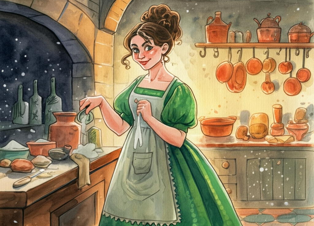 Watercolor illustration of the princess, dressed in a beautiful gown of emerald green, secretly preparing treats in her kitchen. Flour dusts her face and apron. She has a sinister expression on her face, hinting at the poison she’s adding. Her lips are pursed in a sly smile, and her eyes gleam with malice. The kitchen is warm and inviting, with copper pots hanging from the ceiling, a crackling fire in the hearth, and the aroma of baking bread filling the air. The light is soft and golden, casting long shadows on the walls. However, the princess’s aura is dark, contrasting with the warmth of the kitchen. The watercolor style is subtly menacing, hinting at the danger lurking beneath the surface. The color palette is deceptively cheerful, dominated by greens, yellows, and oranges, masking the darkness within.