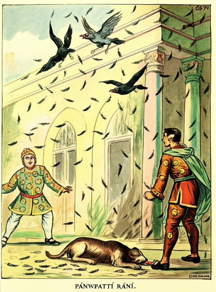 Watercolor illustration of the crows and a dog collapsing after eating the treats that the princess made. Feathers are scattered in the air, and the dog lies still on the ground, tongue lolling out. The scene takes place in a sunlit courtyard, the bright light adding to the unsettling nature of the event. The prince and his friend stand nearby, witnessing the scene with shock and anger. The prince’s face is pale with horror, while his friend clenches his fists in fury. The watercolor style is stark and dramatic, emphasizing the suddenness and violence of the scene. The color palette is unsettling, dominated by sickly greens, yellows, and browns, reflecting the poison’s effects.