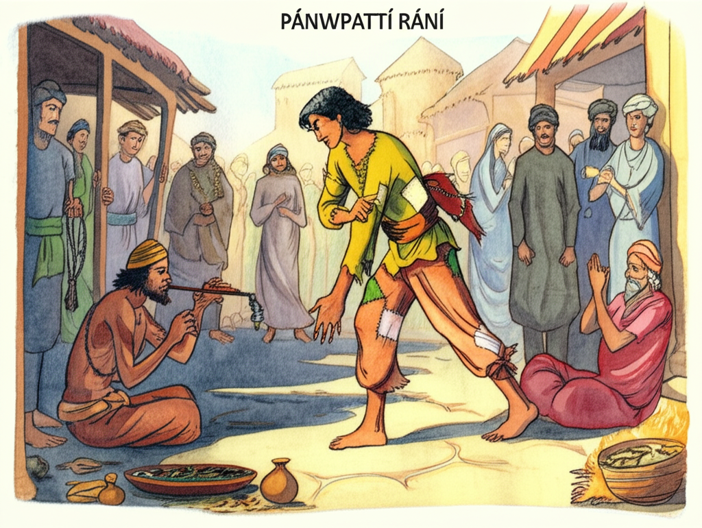 Watercolor illustration of the prince, dressed in simple, patched clothes, attempting to sell jewelry in a bustling marketplace. His normally regal bearing is gone, replaced with an anxious and vulnerable expression. King’s helpers, their faces grim and determined, surround him, grabbing his arm. In the background, the prince’s friend, dressed as a holy man in a tattered robe, sits by the river, playing a mournful tune on a flute. The marketplace is crowded and chaotic, with vendors hawking their wares, people jostling each other, and the air filled with the sounds of chatter and laughter. The watercolor style captures the grittiness and realism of the marketplace, emphasizing the prince’s vulnerability. The color palette is muted and earthy, dominated by browns, grays, and ochres.