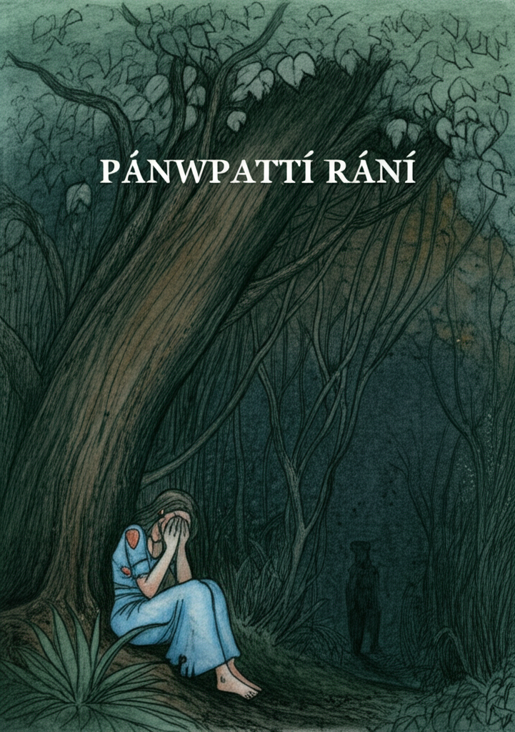 Watercolor illustration of the jungle under the fading light of dusk. The princess, abandoned, dressed in torn clothes of what was once a beautiful blue gown, sits at the base of a gnarled tree, weeping. Her hair is matted and tangled, and her face is streaked with dirt and tears. Her husband and his friend approach her from the shadows, their faces obscured by the darkness and framed by the dense foliage. The jungle is dark and oppressive, with thick vegetation, tangled vines, and the sounds of unseen creatures echoing through the trees. The watercolor style is haunting and melancholic, capturing the princess’s despair and the jungle’s oppressive atmosphere. The color palette is dark and somber, dominated by greens, browns, and blues, reflecting the princess’s isolation and vulnerability. The watercolor is intentionally blurred, almost fading to darkness except for hints of light reflecting off the tears on her cheeks.