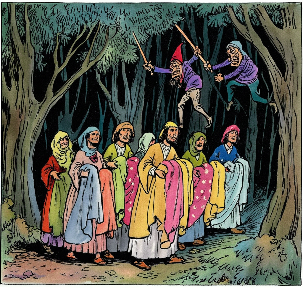Watercolor illustration of ten cloth sellers, dressed in colorful fabrics, walking wearily through a dark, spooky forest. Three menacing robbers with exaggerated features leap from behind gnarled trees, brandishing crudely drawn swords and sticks. The cloth sellers look frightened and defenseless.
