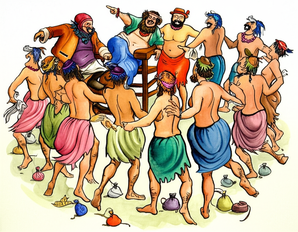 Watercolor illustration of ten cloth sellers, now sparsely clad in small rags, dancing awkwardly in a circle. Three overweight robbers, adorned with stolen clothes and jewelry, sit on a makeshift throne of logs, laughing and pointing at the dancers. Tobacco pouches are visible beside them.