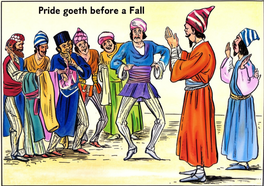 Watercolor illustration depicting one cloth seller, noticeably smarter-looking than the others, discreetly gesturing with his hands and mouthing words to his companions while they dance. The other nine cloth sellers exchange knowing glances, their expressions shifting from fear to determination. The robbers remain oblivious, engrossed in their amusement.