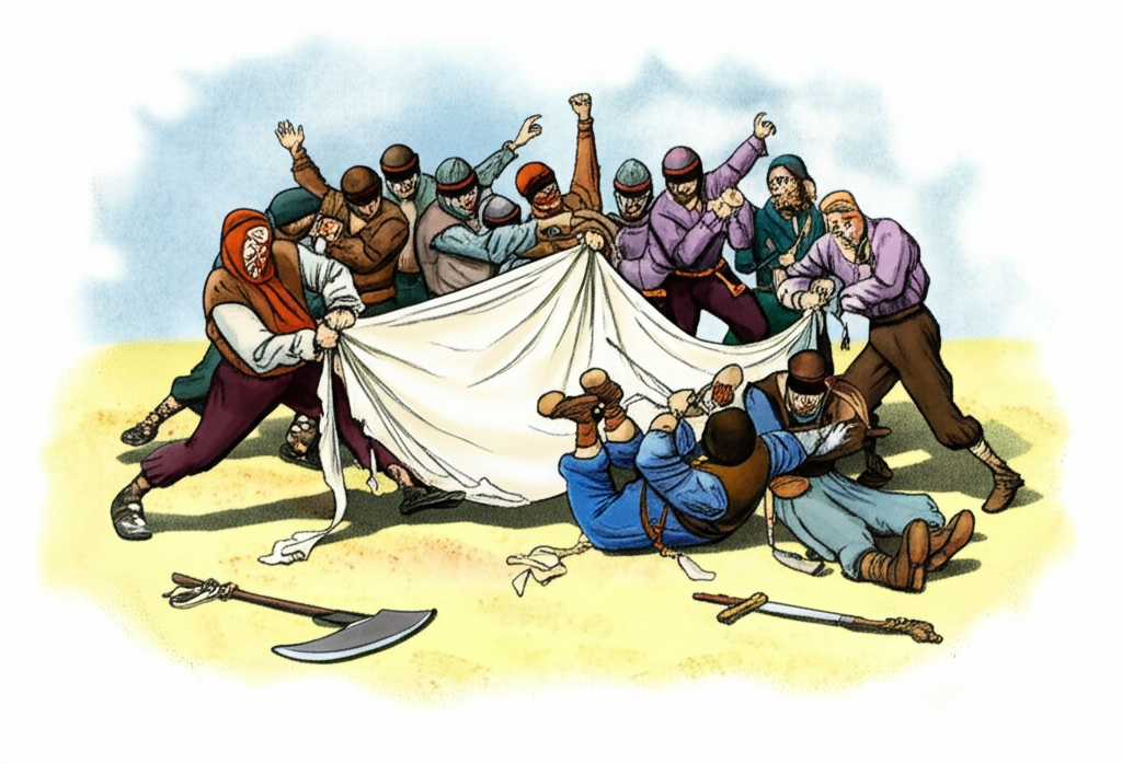 Watercolor illustration showing the climax of the plan: nine cloth sellers have tackled the three robbers, pinning them to the ground. The tenth cloth seller is swiftly tying the robbers’ hands and feet with strips torn from a large cloth. The robbers’ weapons lie discarded nearby.