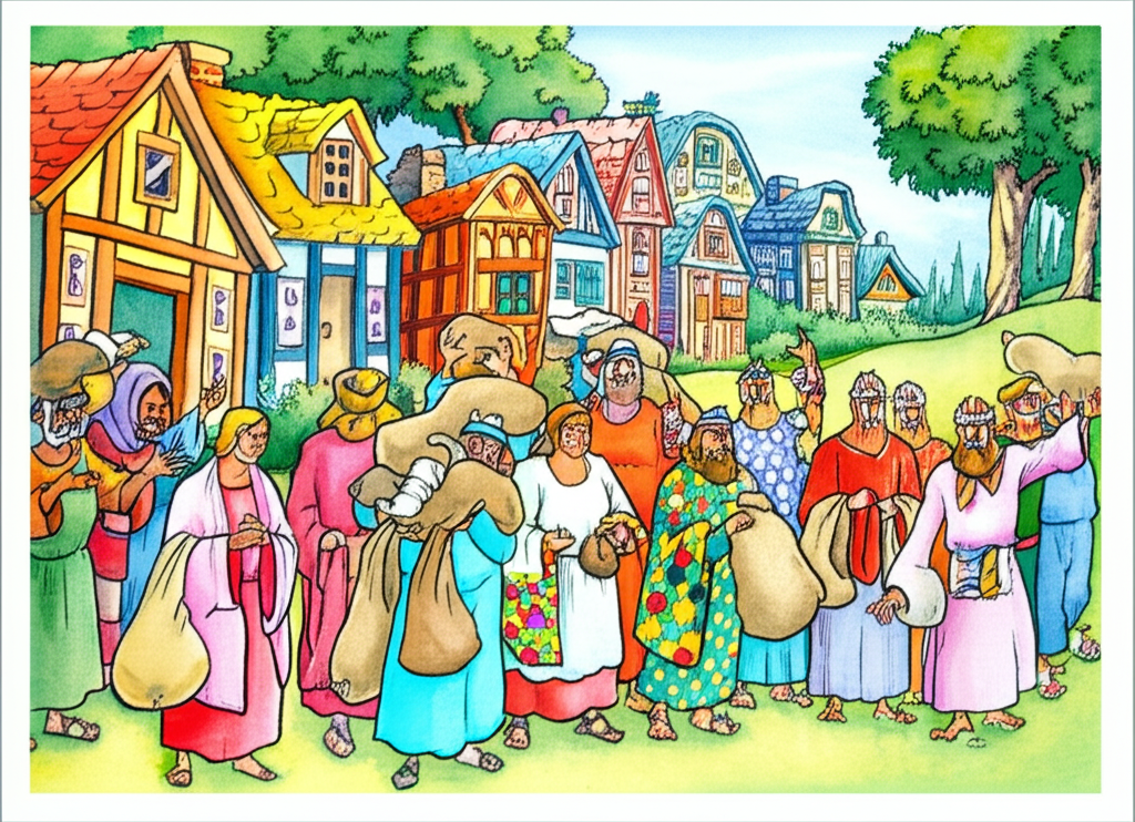 Watercolor illustration of the ten cloth sellers, now fully clothed and laden with bags of money and recovered fabrics, triumphantly re-entering their colorful village. Villagers cheer and wave from their houses. The forest is visible in the background, a reminder of their adventure.