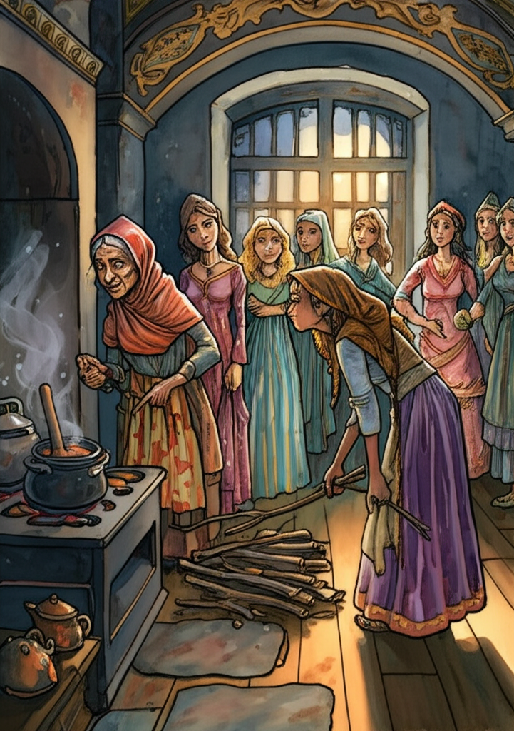 A watercolor illustration of seven princesses in a grand, dimly lit kitchen at dusk. Balna, slightly separated and looking skeptical, observes a gaunt, elderly woman (Prudhan’s widow) with deeply etched wrinkles taking firewood from a cast-iron stove. Soft light streams through a high arched window, casting long shadows. Dust motes dance in the light. Dirt subtly scatters from the widow’s gnarled hands, falling towards a simmering pot of stew. The wooden floor is worn and uneven. The color palette is muted, with earthy tones and hints of faded gold. Balna’s expression is a mix of suspicion and compassion, her body language guarded. The other princesses, dressed in colorful, slightly faded silk gowns, are focused on the widow with varying degrees of concern. Watercolor style: soft blending, natural flow, subtle washes.